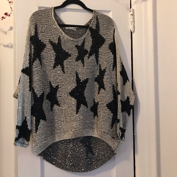 Impressions Sweaters - Silver sparkly sweater with black stars - like new